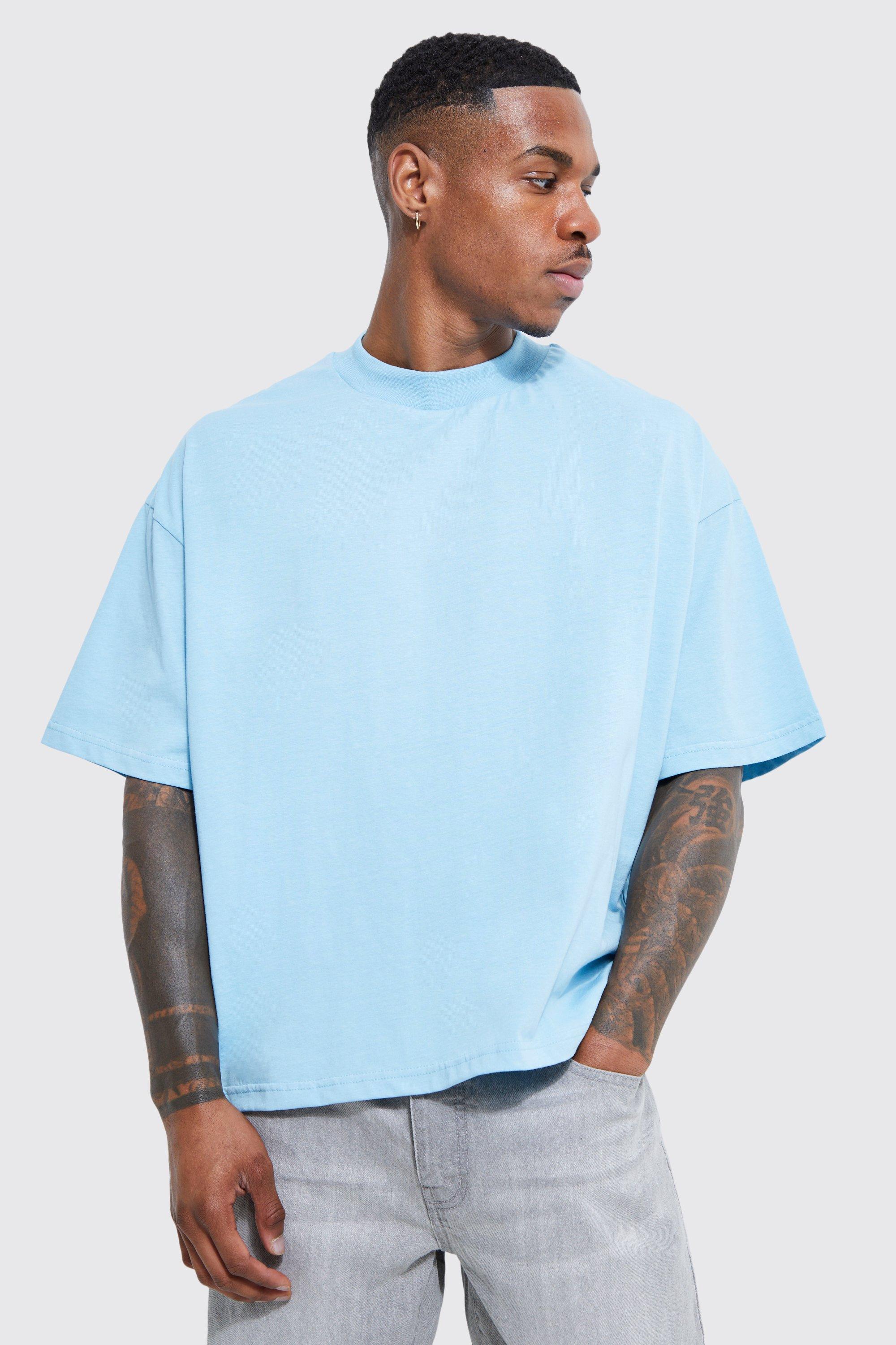 Mens Blue Oversized Extended Neck Boxy T-shirt, Blue